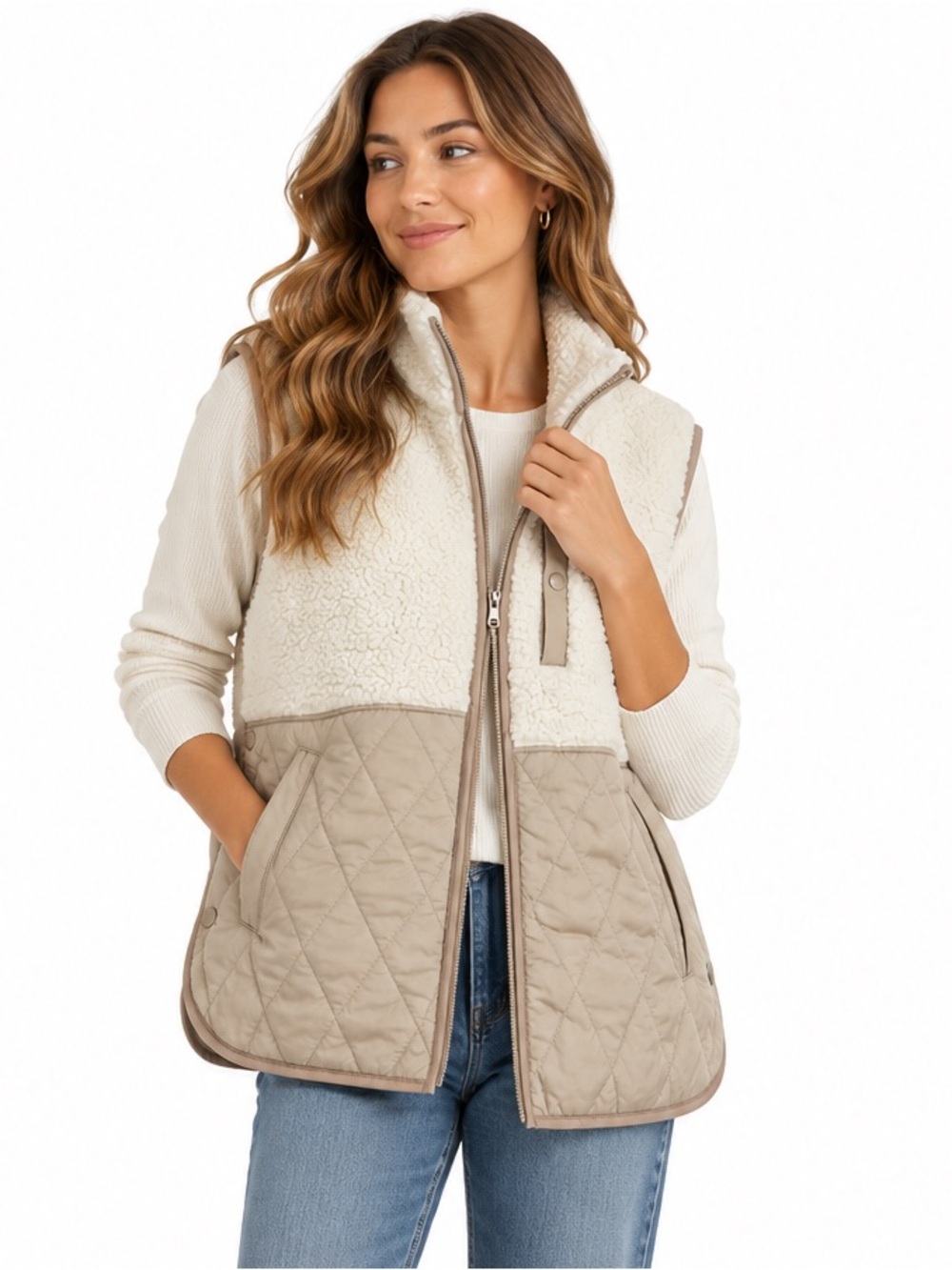 Abercrombie Soft A&F Sherpa Quilted Vest Cream Taupe M Gorpcore Full Zip